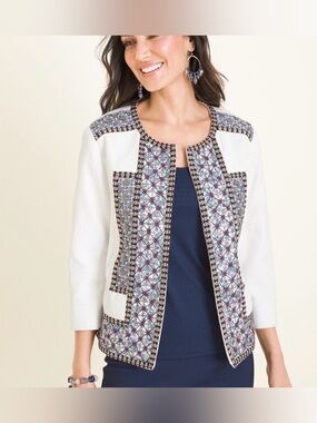 Chicos Novelty Embellished Blocked Jacket Open Front Cotton Blazer Size L